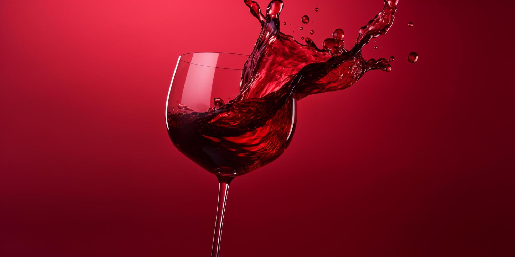 ai generado salpicaduras rojo vino en un vino vaso imitación cerca arriba en rojo antecedentes foto