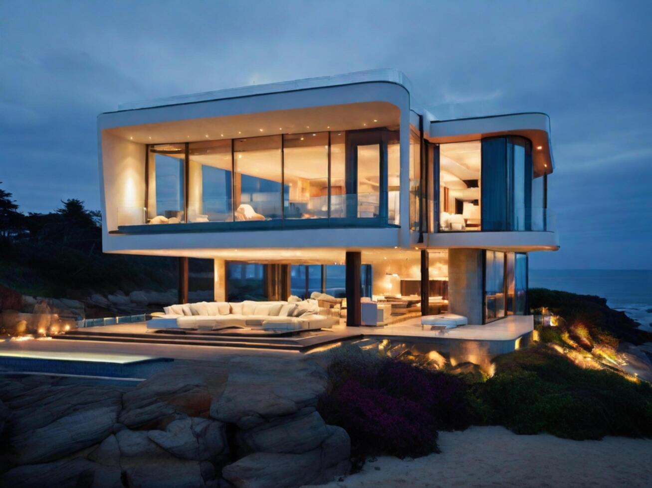 AI generated Luxurious modern beach house featuring large glass windows and evening lighting by the sea photo