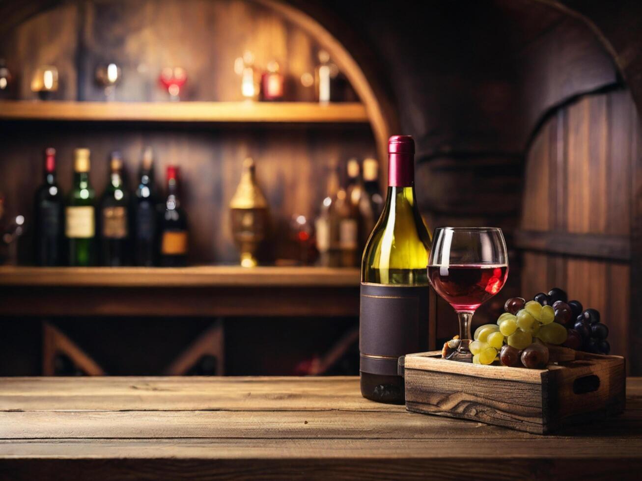 AI generated Wooden table in a Wine Cellar with alcoholic drinks indoors. Background with selective focus and copy space photo