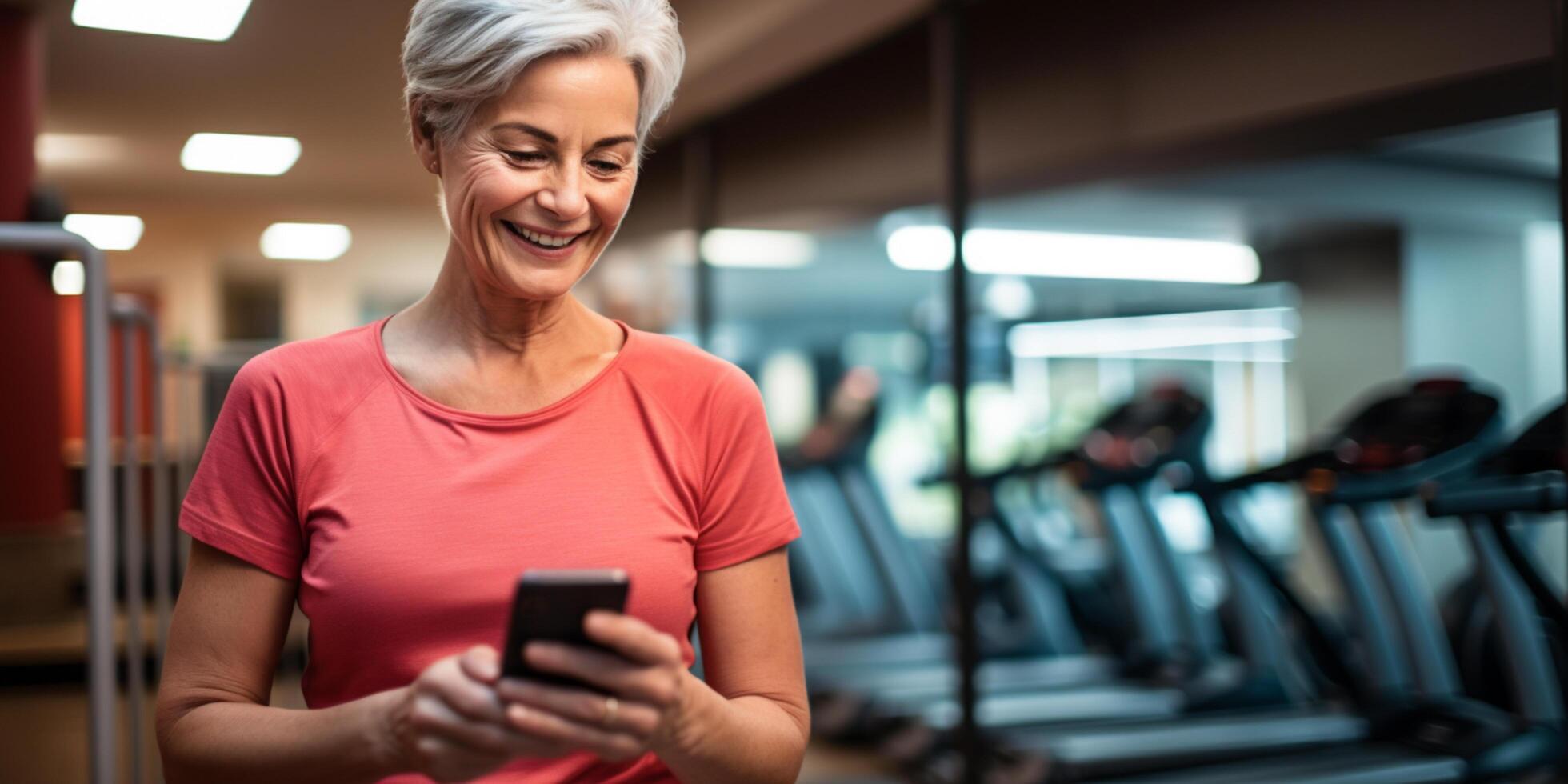 AI generated Senior Woman Using Fitness App in Gym. active senior woman smiles while using a fitness application on her smartphone in a well-equipped gym, representing health and technology photo