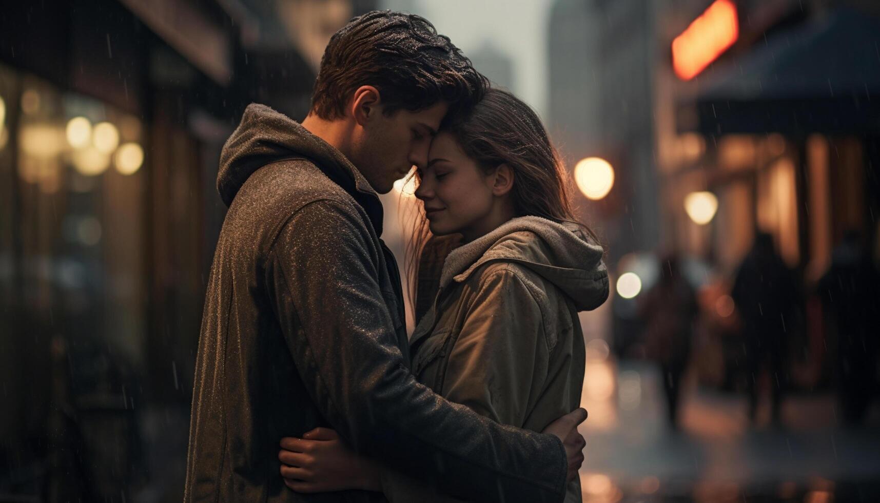AI generated Loving couple embraced in street, relationship photo
