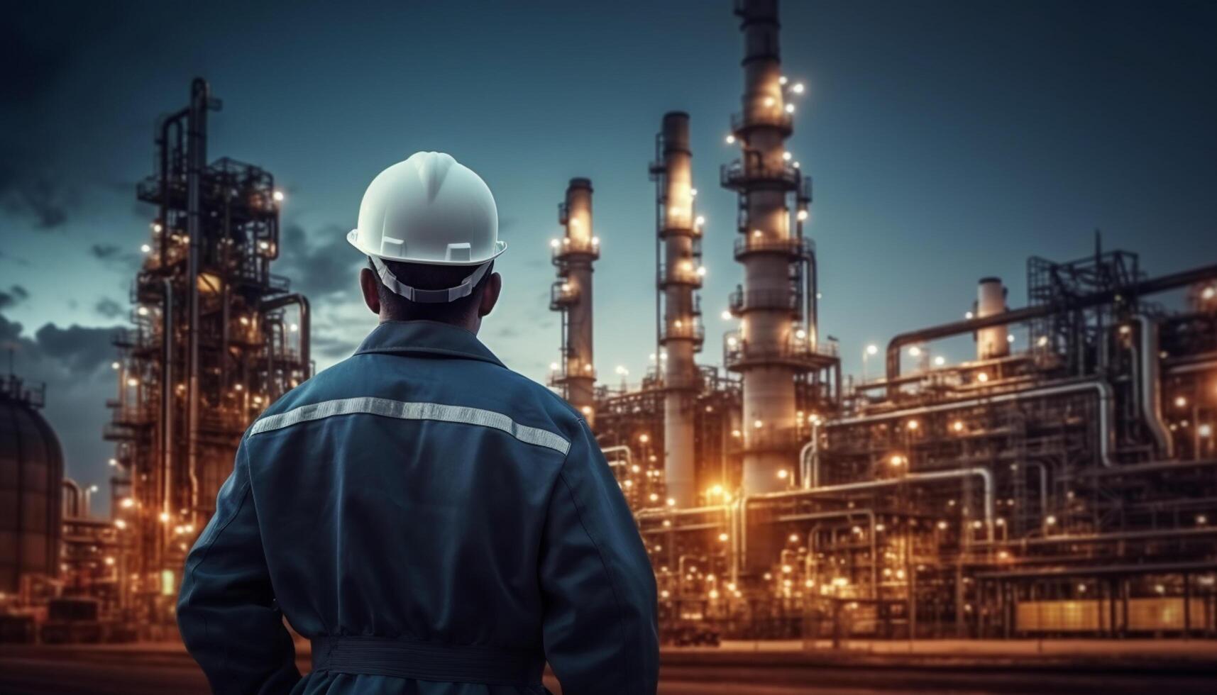 AI generated Engineer worker stands back in oil and gas industry, oil refinery, oil refinery oil storage tank and steel pipeline photo