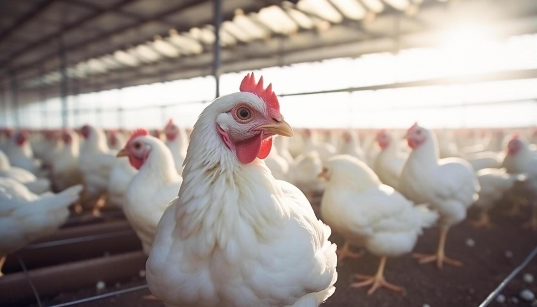 ai generado pollo granja, aves de corral producción. aves de corral granja para cría pollos foto