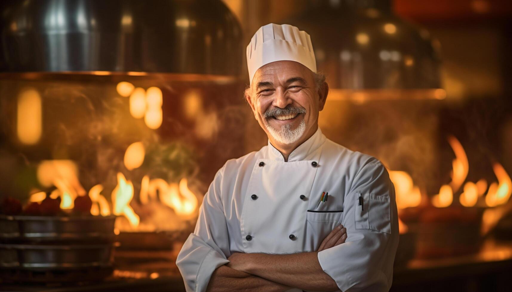 AI generated A professional male chef in his immaculate uniform and signature hat, lights up the kitchen with his infectious smile, bringing laughter and joy to the culinary spac photo