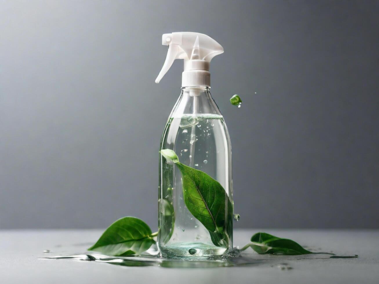 AI generated eco bio organic natural cleaning spray bottle with transparent liquid water and green leaves on gray minimalistic background, banner with copy space photo