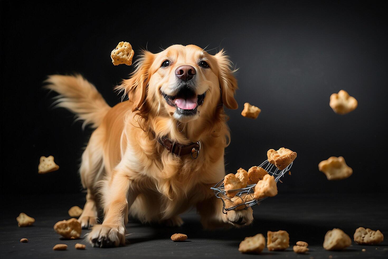 AI generated golden retriever with mouth open catching falling treats against a dark background photo