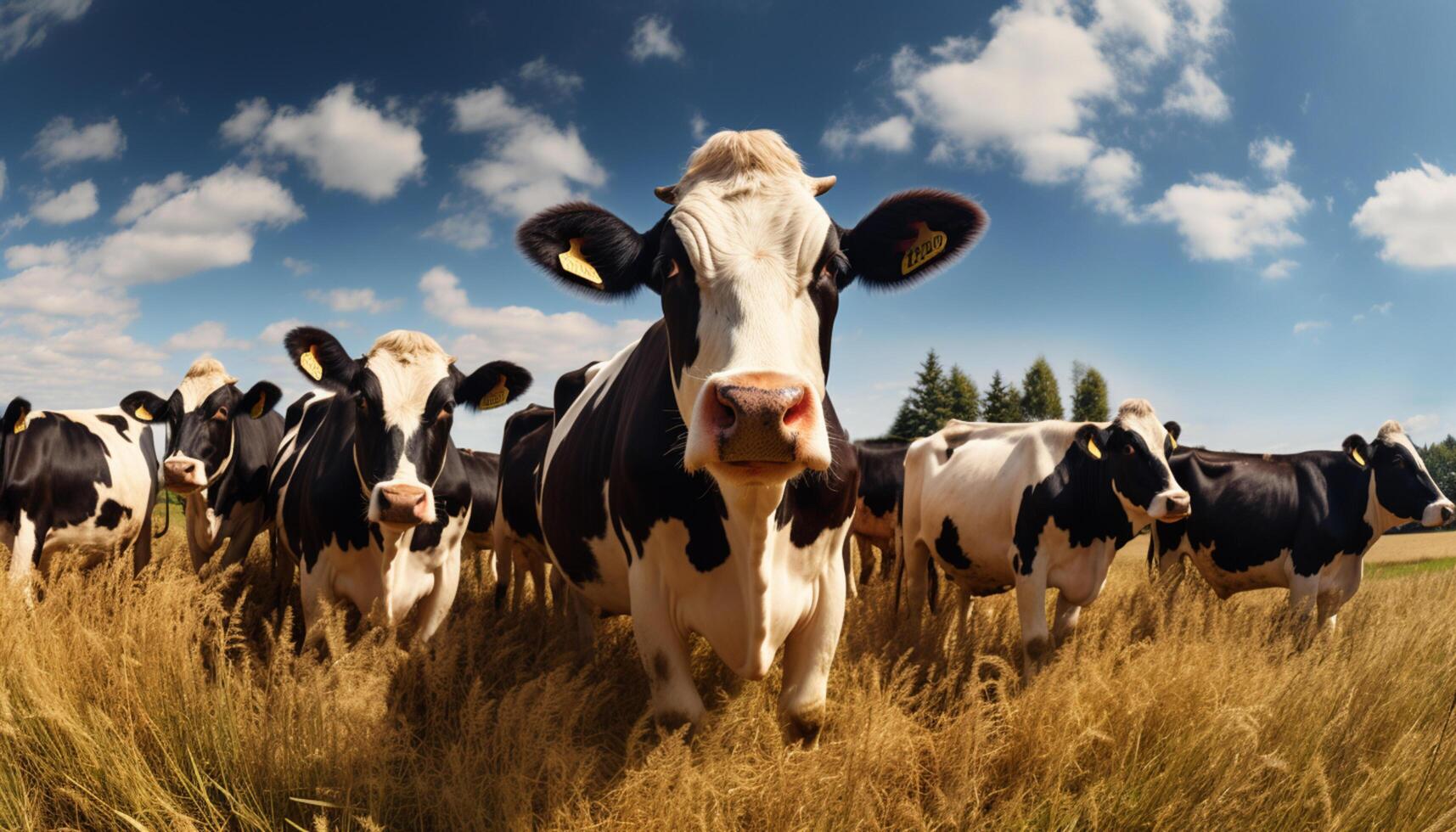 AI generated Group of cows together gathering in a field. Countryside background photo