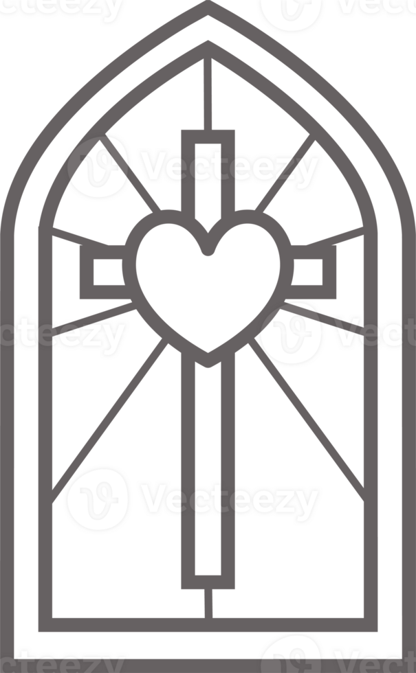 Church glass window. Stained mosaic catholic and christian frame with cross and heart. Gothic medieval outline arch png