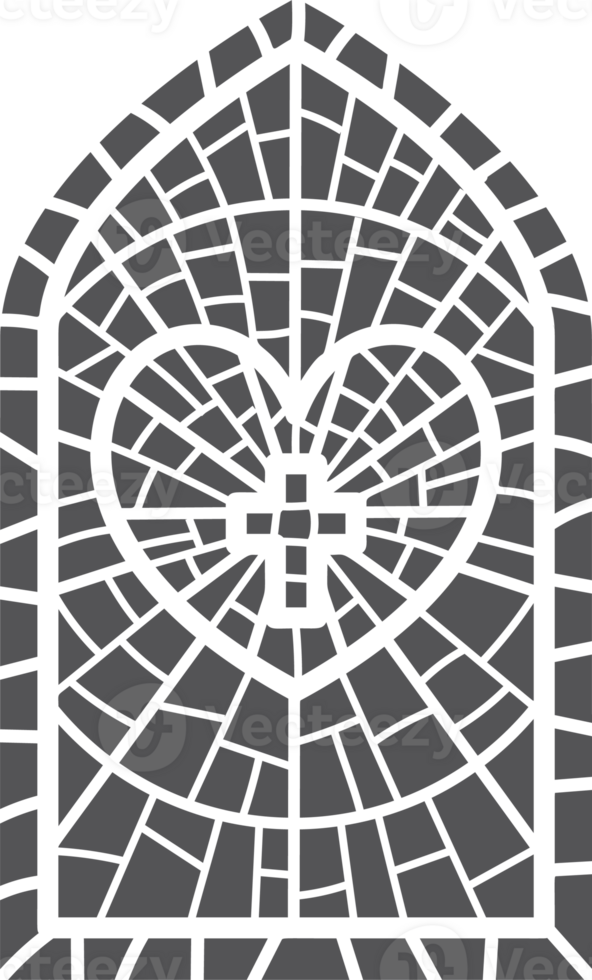 Church glass window. Stained mosaic catholic frame with religious symbol heart with cross. Outline illustration png