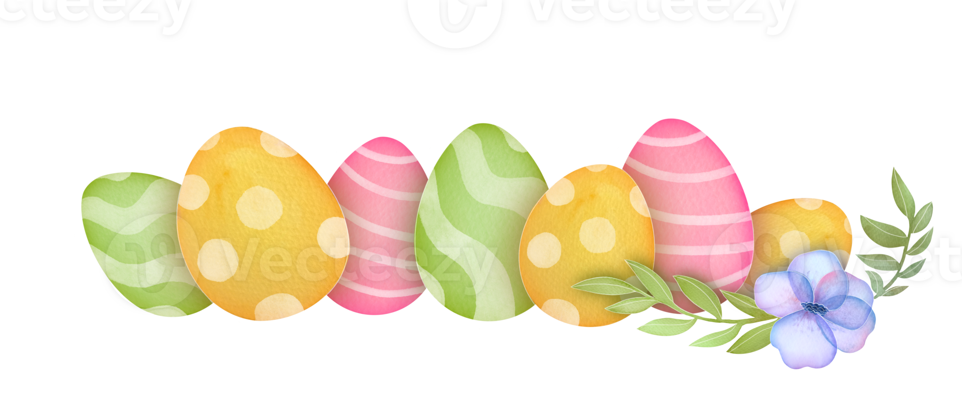 hand drawn watercolor easter eggs and flowers border composition. cute Paschal element isolated on transparent background png