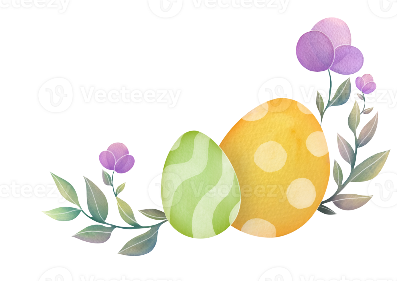 watercolor easter eggs and flowers border composition for corner of page, card, postcard. cute Paschal element isolated on transparent background png