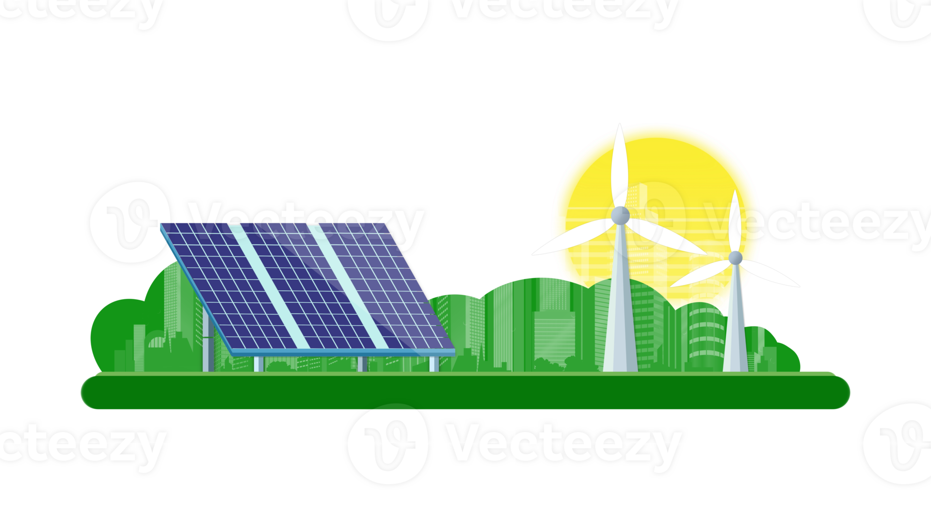 Renewable energy, solar panels and wind turbines generating electricity