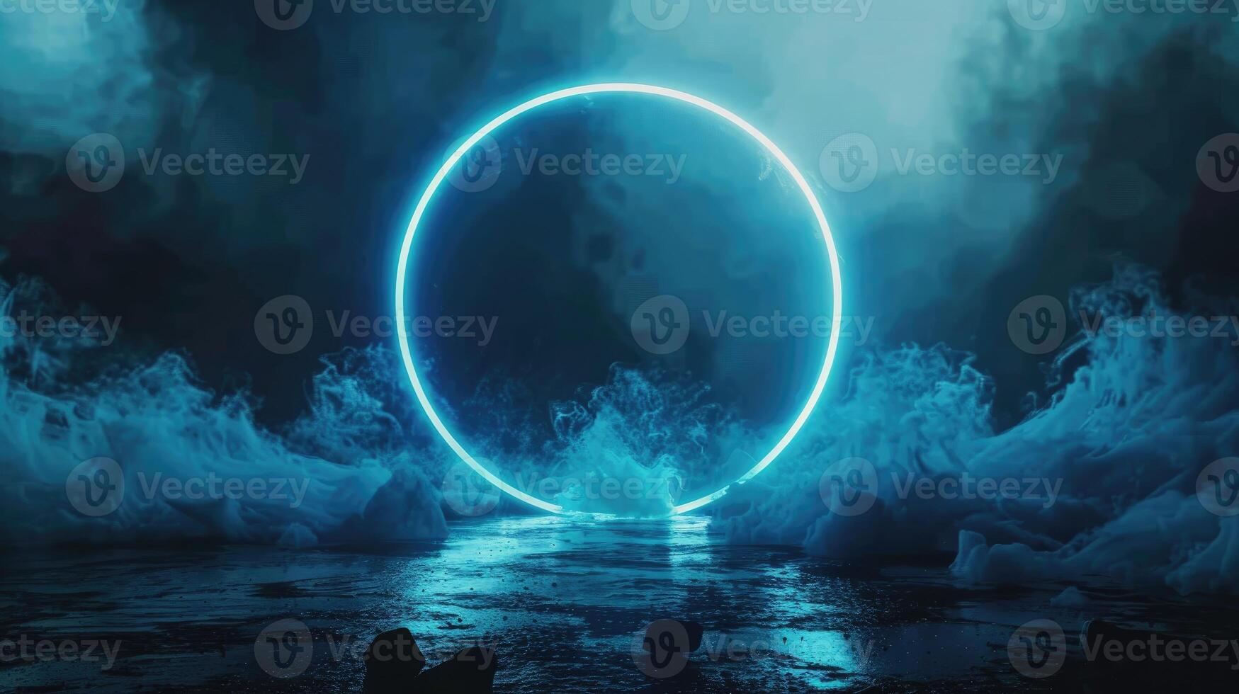 AI generated Neon blue geometric circle stands out against a dark background, creating a captivating contrast. Ai Generated photo