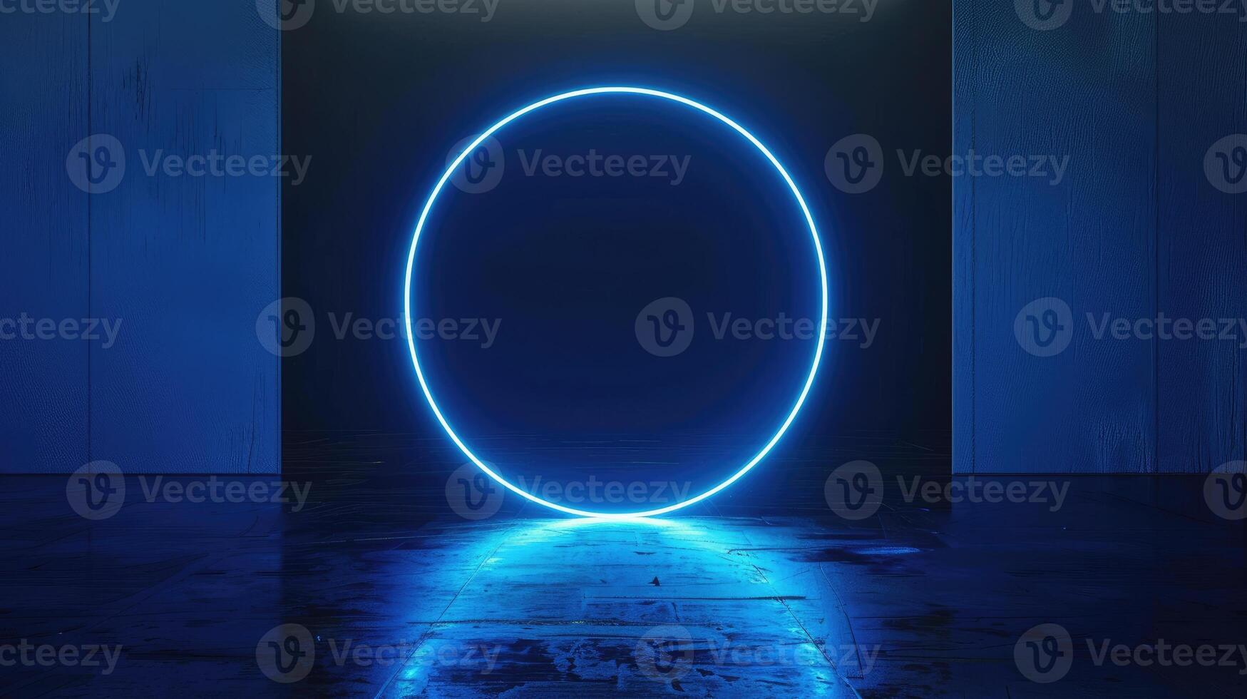 AI generated Neon blue geometric circle stands out against a dark background, creating a captivating contrast. Ai Generated photo