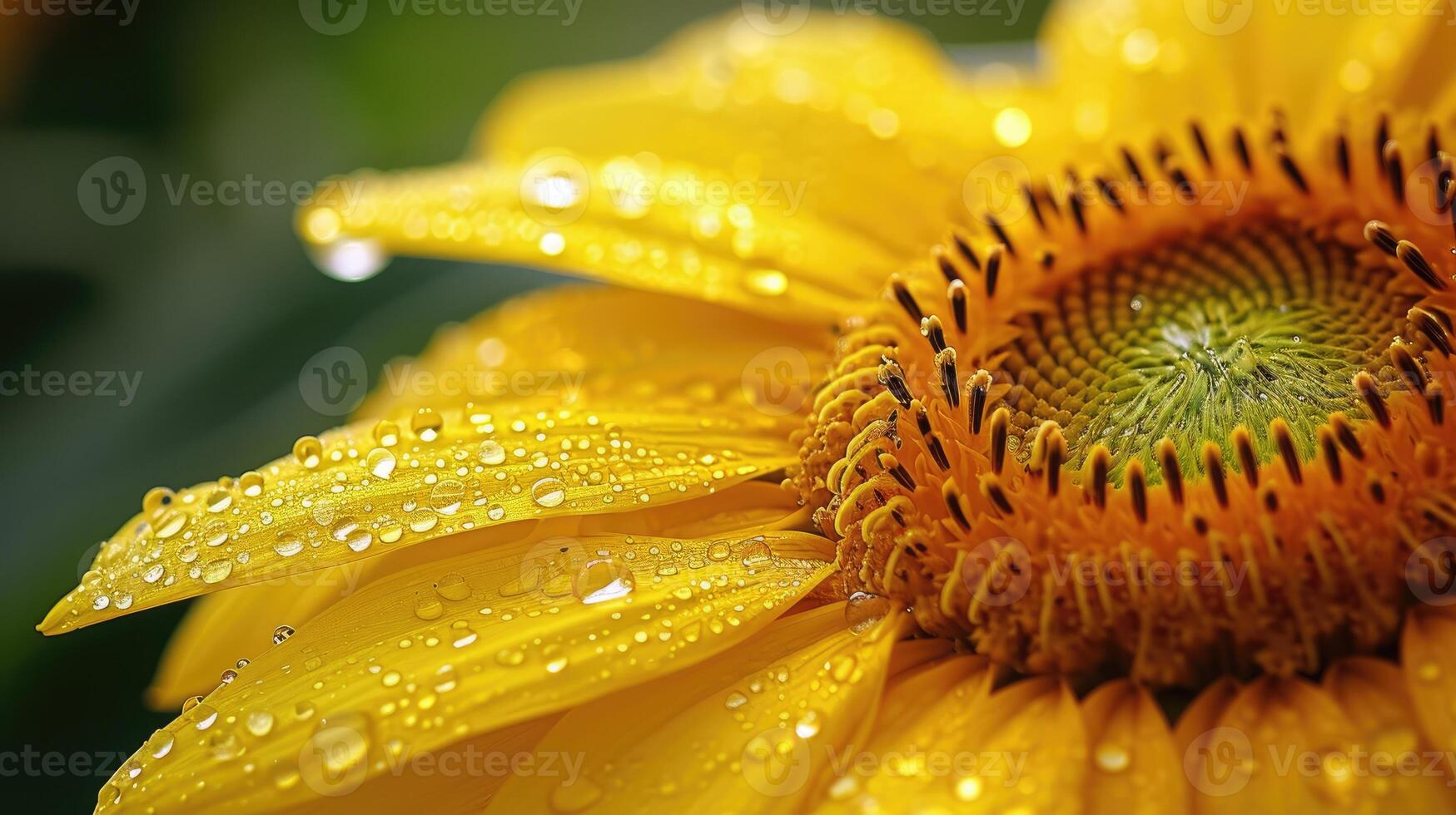 AI generated water droplets glisten on sunflower petals, Ai Generated. photo