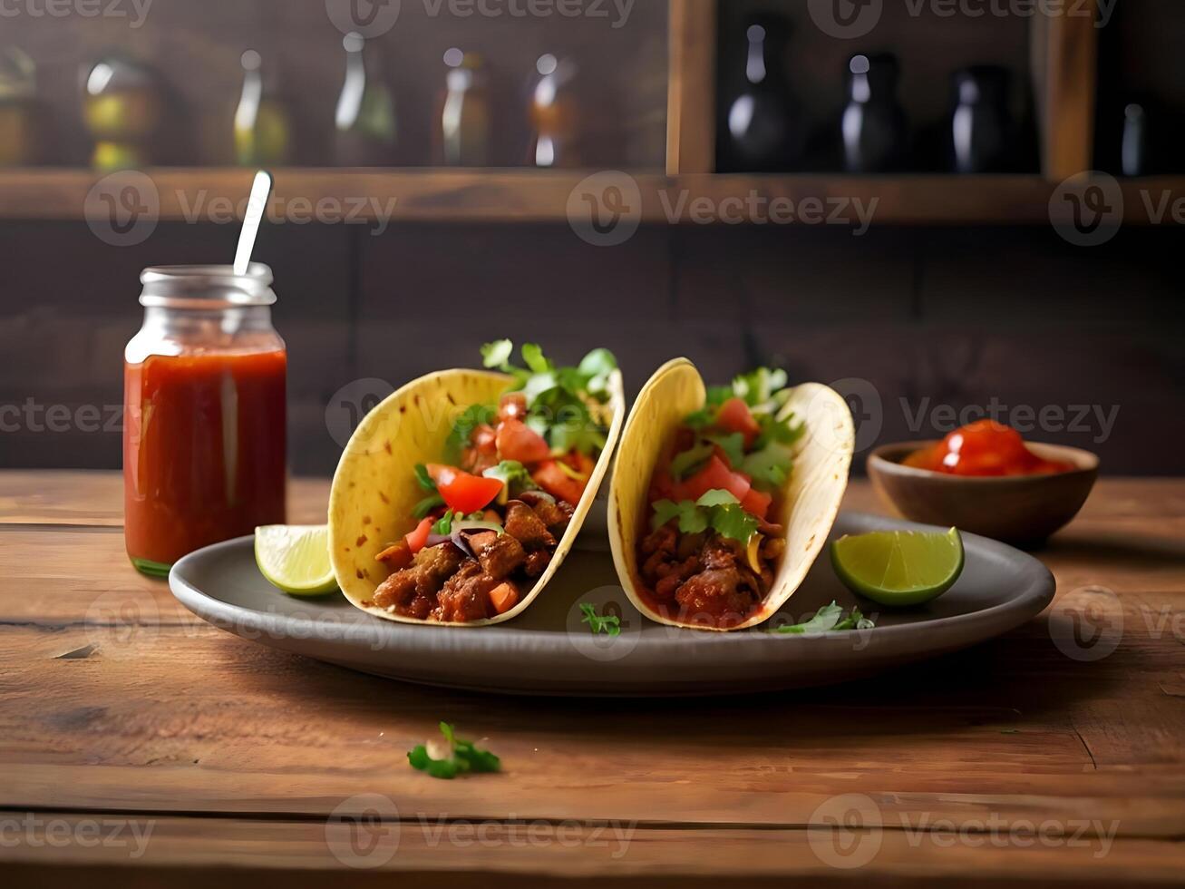 ai generado dos tacos con tomate salsa de tomate en plato con ingredientes en de madera mesa en cocina. foto