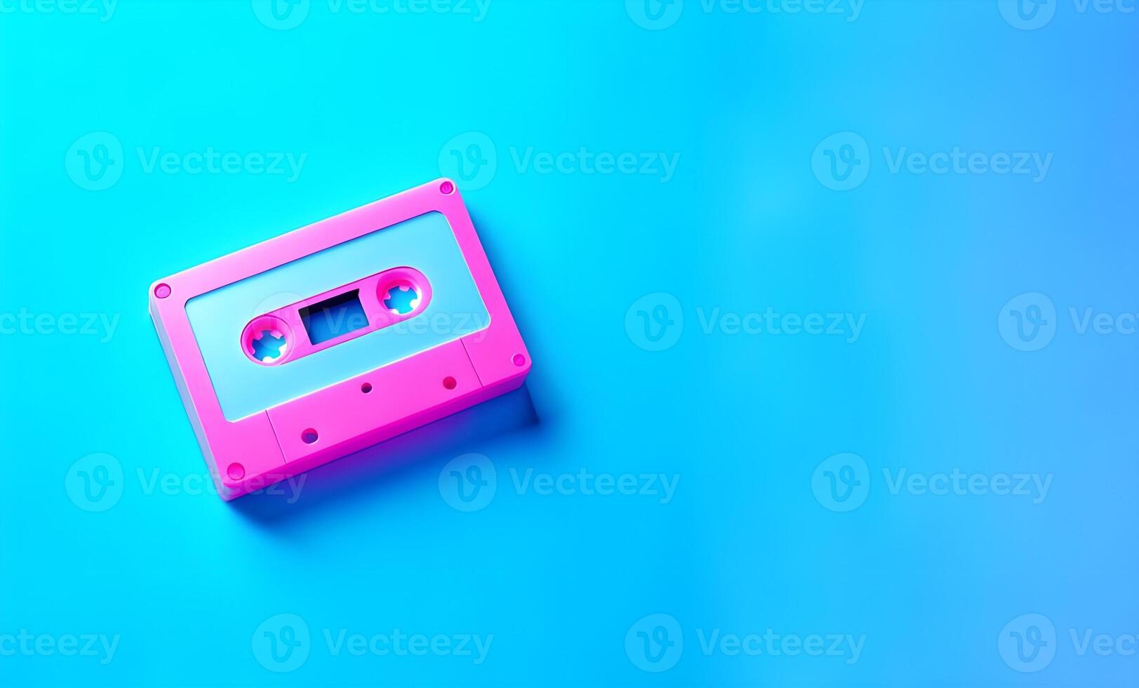AI Generated Retro pink audio cassette on blue background.Styled 80-90 music. photo