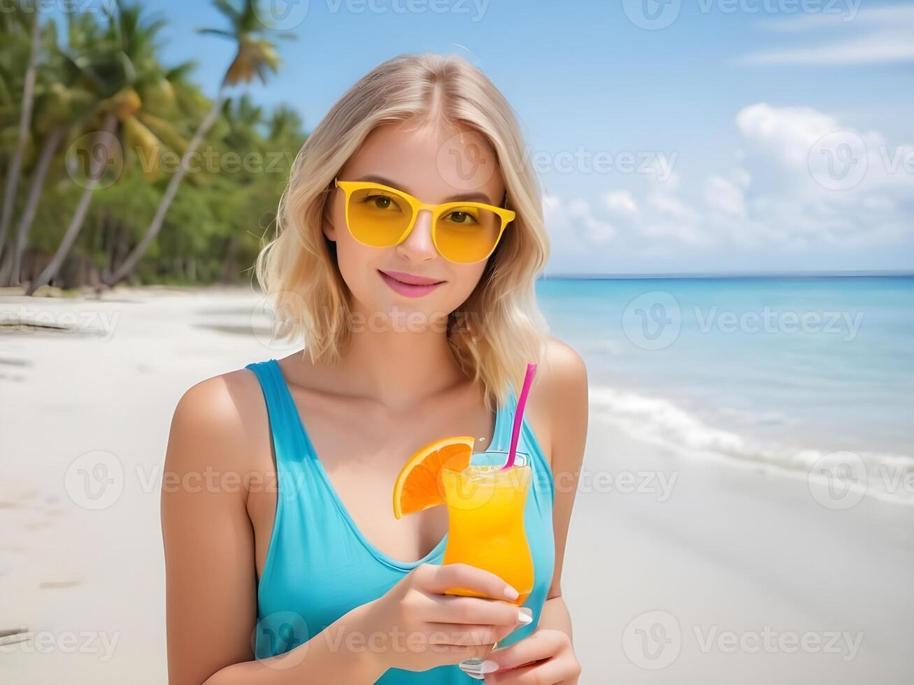 ai generado contento mujer con Gafas de sol y un vaso de naranja jugo en trópico playa. foto