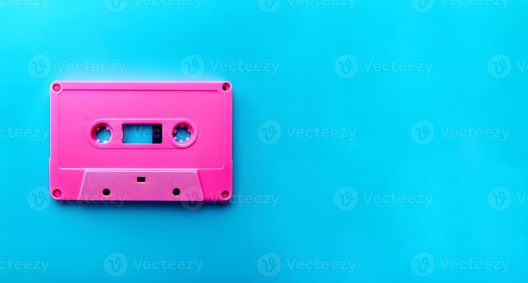 AI Generated Retro pink audio cassette on blue background.Styled 80-90 music. photo