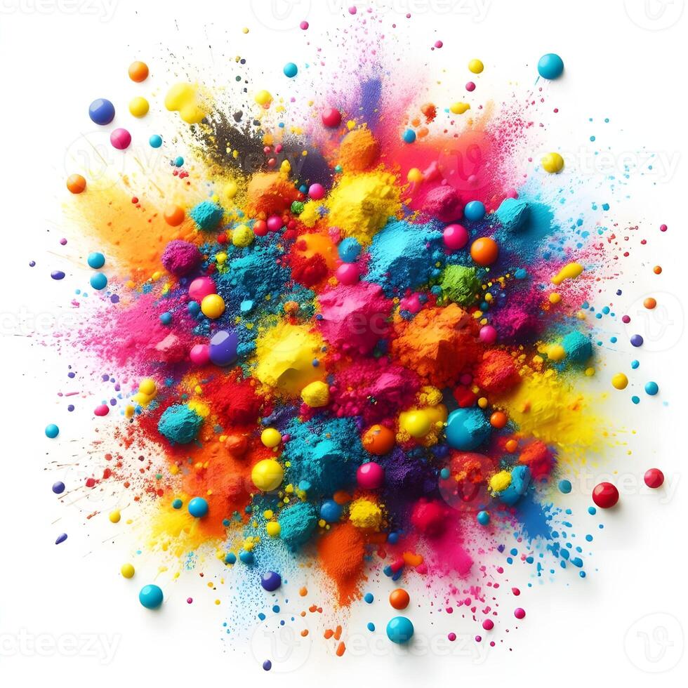 AI Generated Multicolour holi particles of paints on white background. photo
