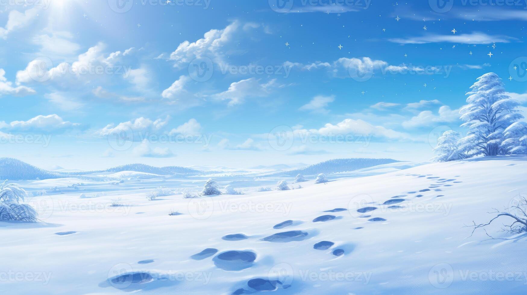 AI generated A serene snowy landscape stretches under a clear blue sky, painting a peaceful and wintry scene. Ai Generated. photo
