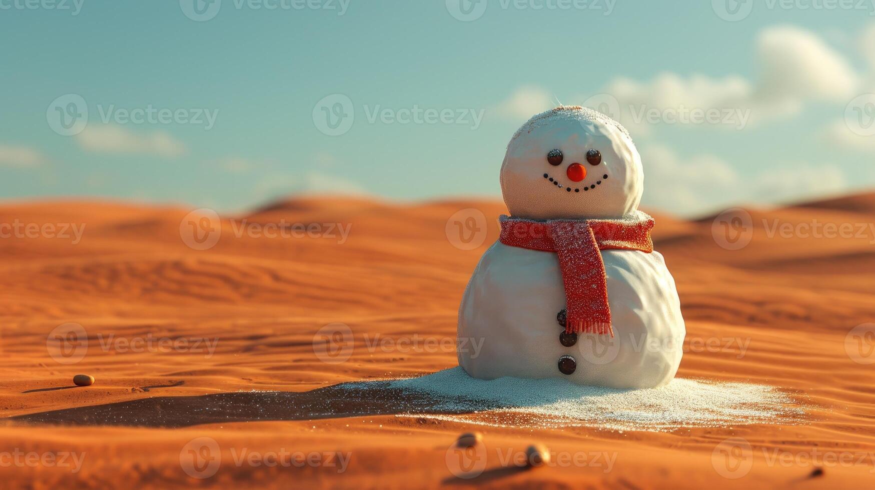 ai generado surrealista escena de un derritiendo monigote de nieve en el desierto, yuxtaponiendo de invierno final con el árido paisaje. ai generado foto