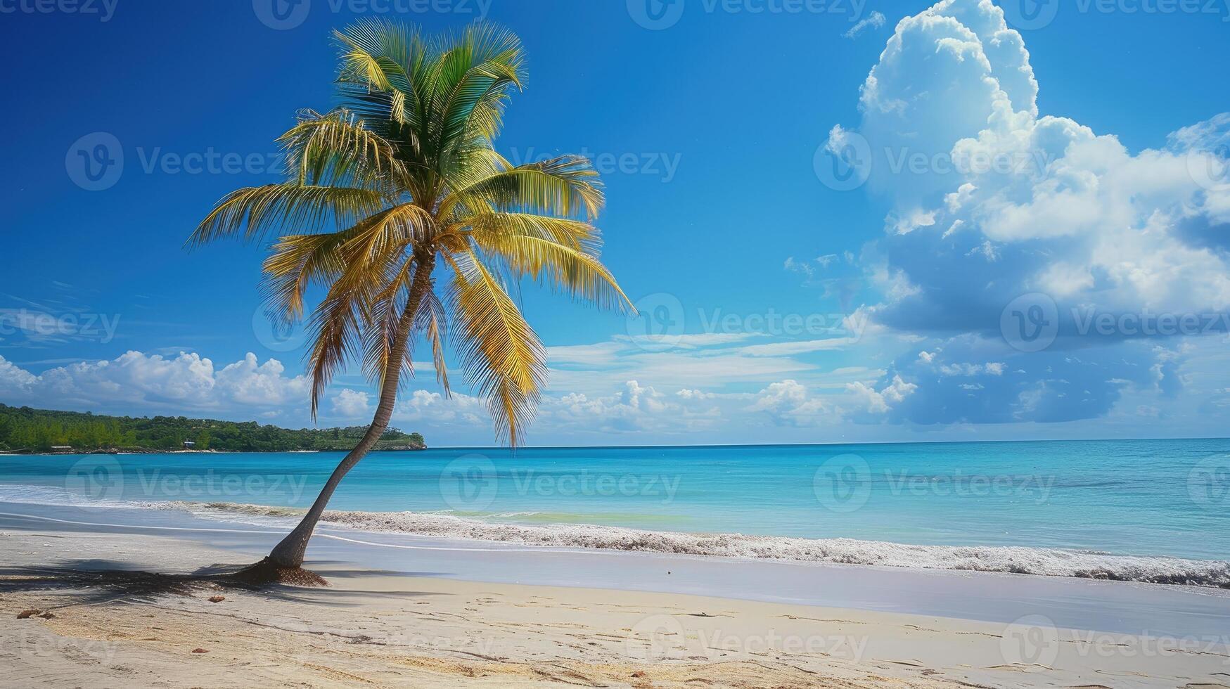 AI generated A majestic palm tree stands tall on a tropical beach, casting a graceful silhouette against the azure sky, Ai Generated photo