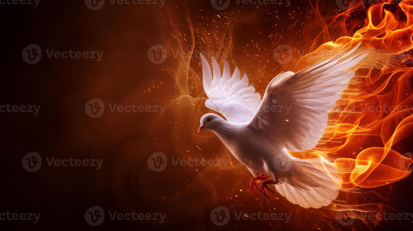 AI generated Majestic white dove soars amidst flames on dark backdrop, symbolizing peace, Ai Generated. photo