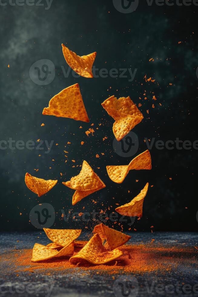 ai generado crujiente Fresco doritos remontarse mediante el aire en contra un oscuro fondo, tentadoramente delicioso, ai generado. foto