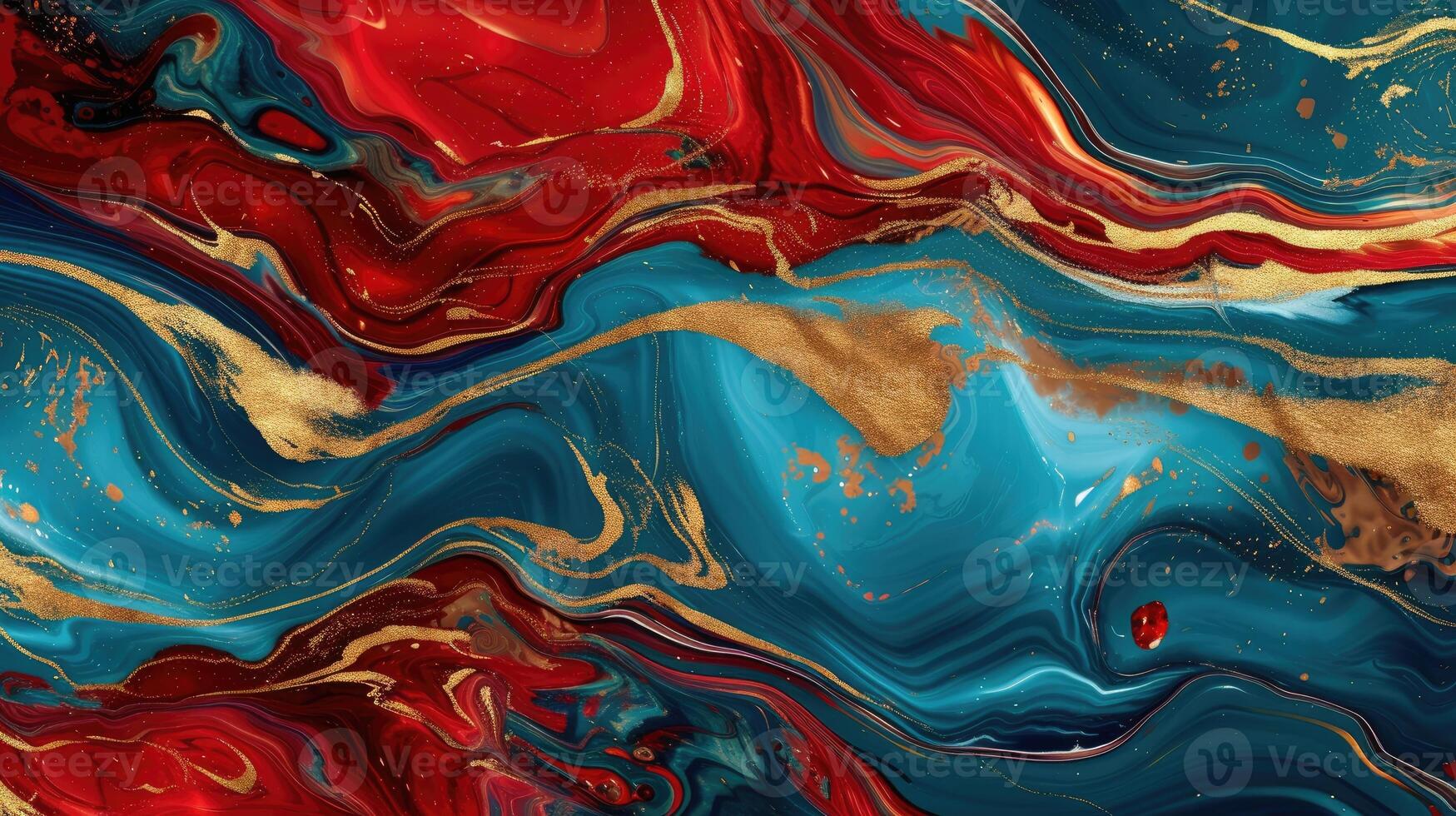 AI generated Mesmerizing waves of blue topaz, red ruby, and gold liquid create a luxurious wallpaper, Ai Generated. photo