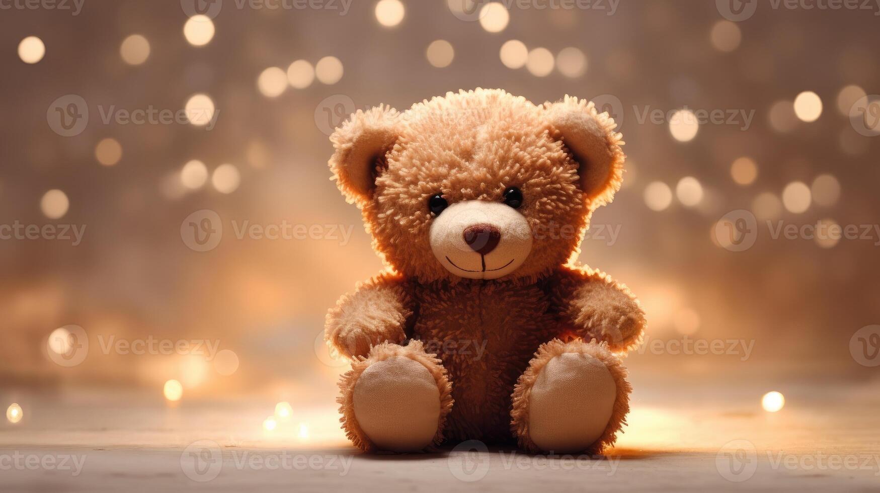 AI generated Plush teddy bear seated against a backdrop of twinkling bokeh lights. Ai Generated photo