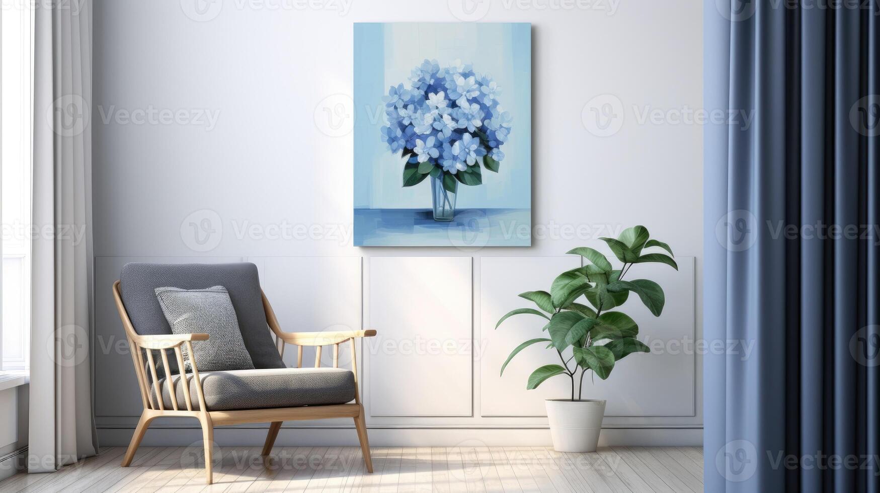 AI generated eucalyptus and blue hydrangeas encircle a minimalist blue canvas, Ai Generated. photo