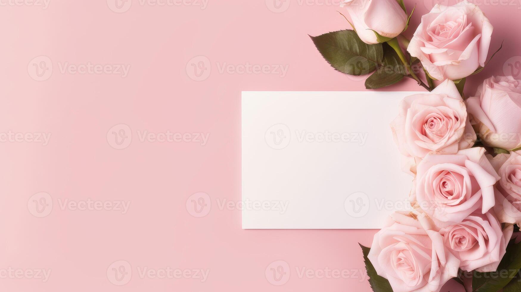 AI generated pink roses bordering a blank white card on a soft pink backdrop. Ai Generated photo