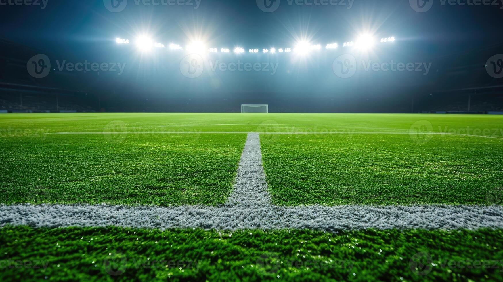 AI generated Green soccer field illuminated by bright spotlights, creating a vibrant and energetic atmosphere. Ai Generated. photo