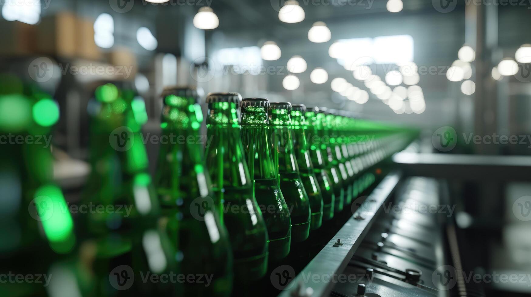 AI generated Array of green beer bottles moving along a production line, embodying the process of brewing excellence. Ai Generated. photo