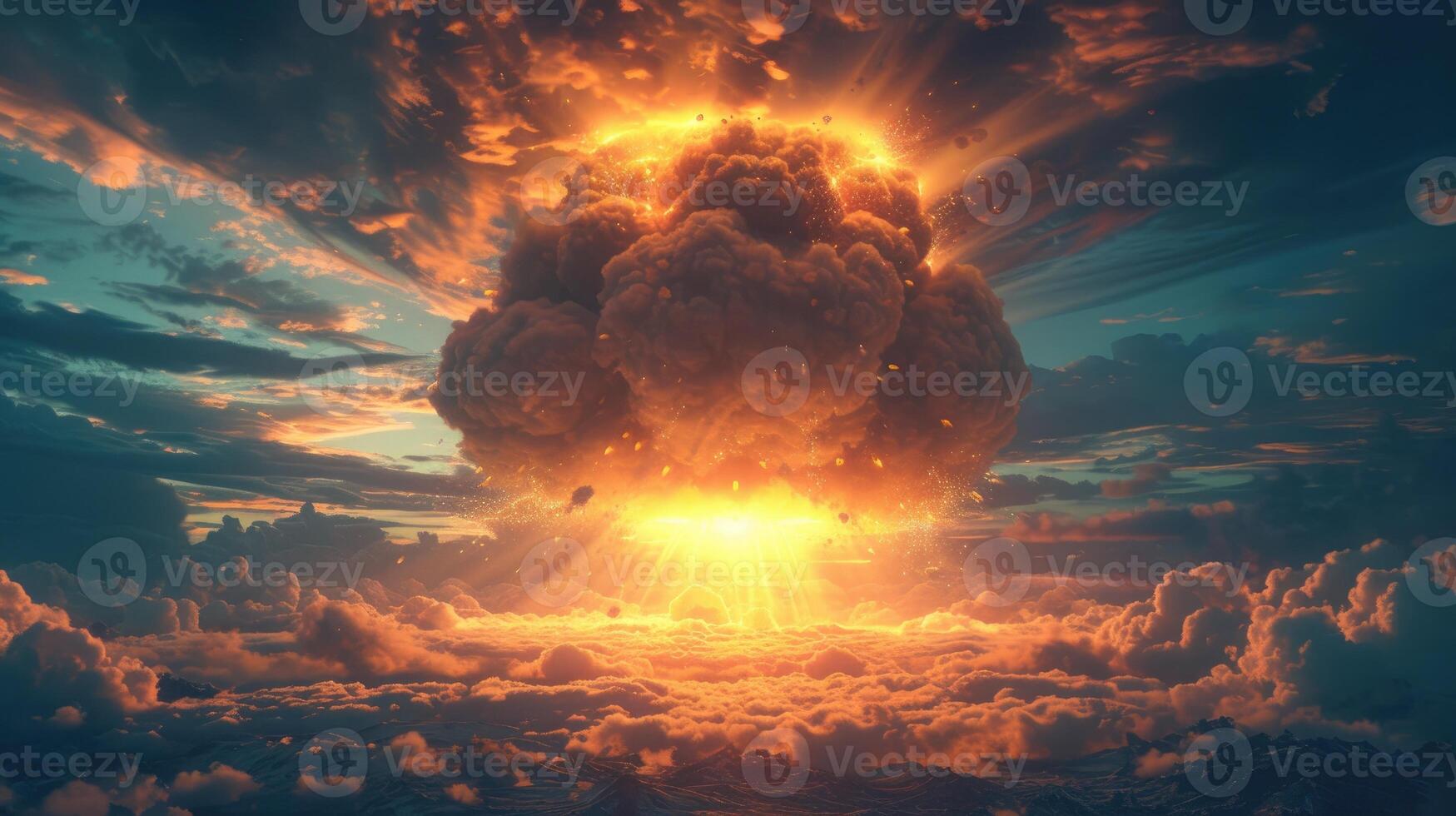 AI generated Devastating nuclear explosion forms a mushroom cloud, depicting a catastrophic event. Ai Generated photo