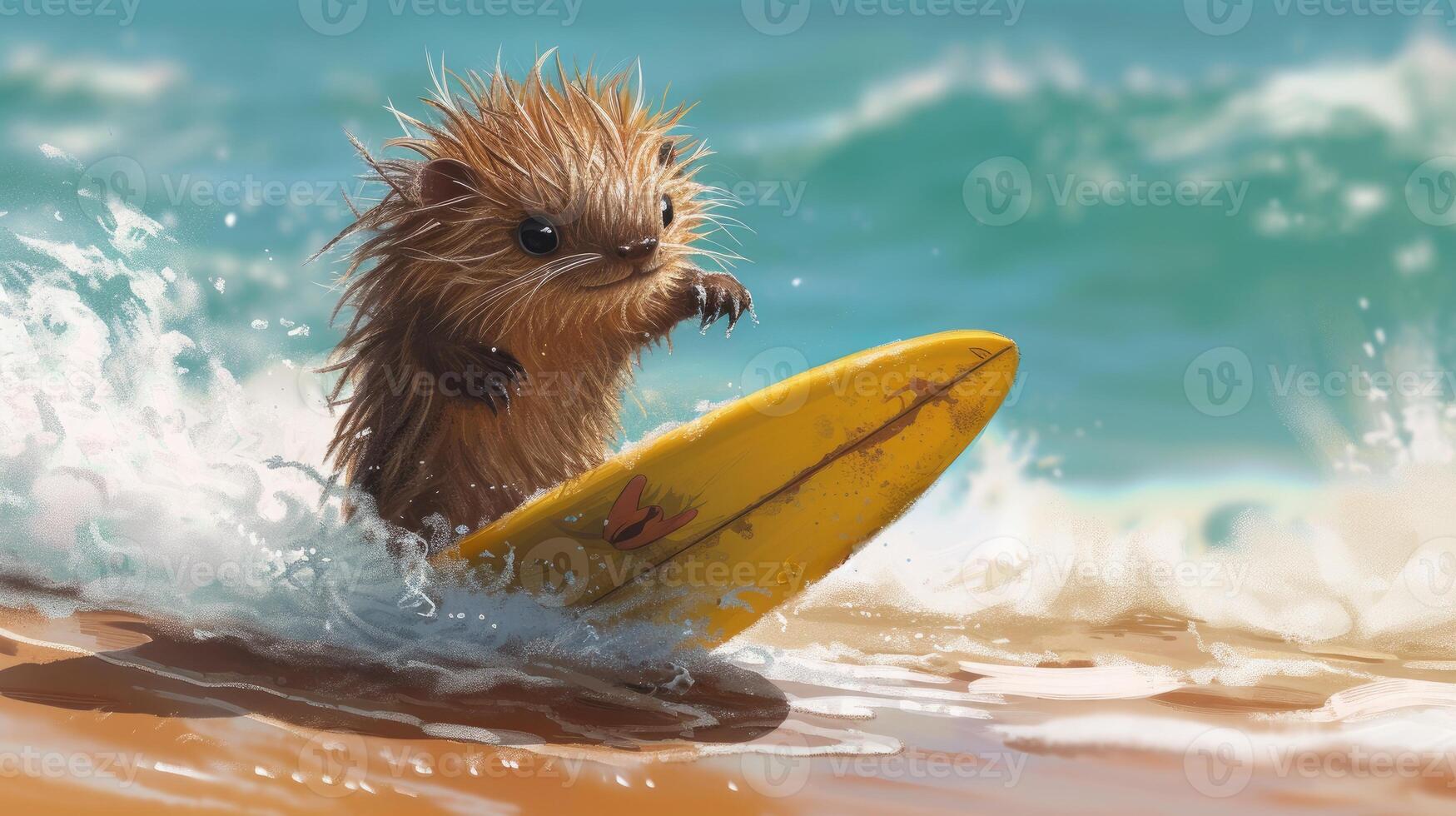 AI generated A cute porcupine surfer enjoys a fun-filled summer day at the beach, riding waves with enthusiasm, Ai Generated. photo