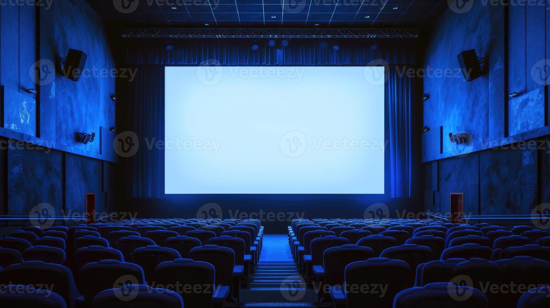 AI generated Empty cinema hall with blue hues and a white blank screen, awaiting the next showing, Ai Generated. photo