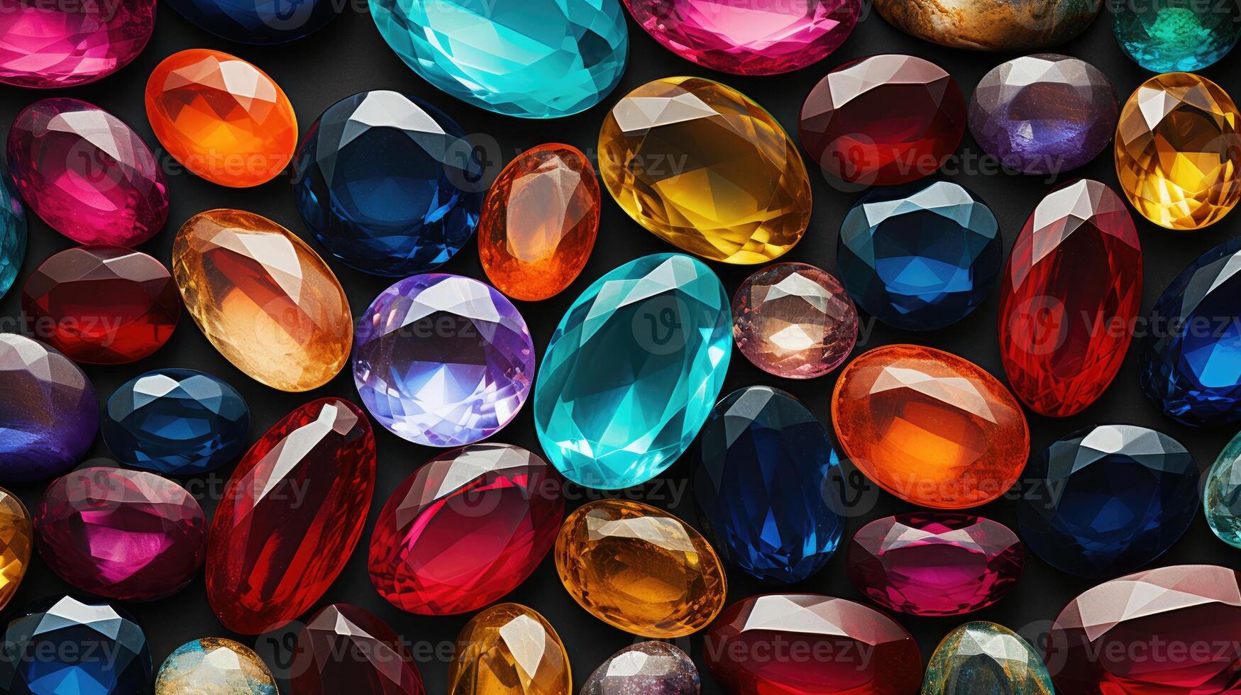 AI generated Dazzling gemstones arranged on a reflective surface create a kaleidoscope of vibrant hues. Ai Generated. photo