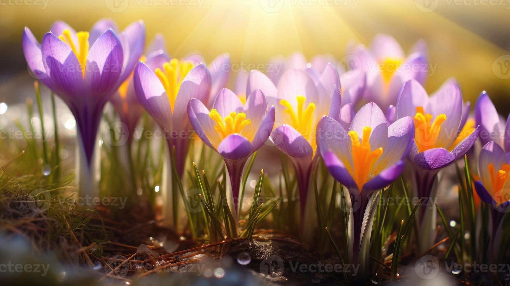 ai generado brillante amarillo y púrpura azafrán adornado con espumoso agua gotas disfrutar en el brillante luz de sol de primavera. ai generado. foto