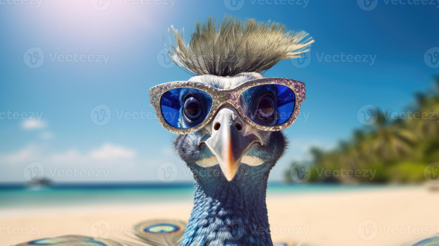 AI generated Majestic peacock gracefully lands on the beach, displaying its vibrant plumage, Ai Generated. photo