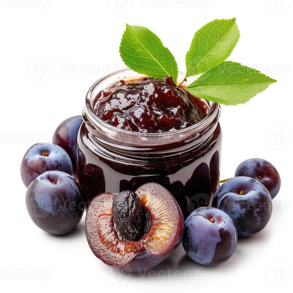 AI generated A jar of homemade plum jam with fresh plums, isolated on a white background. Ai Generated. photo