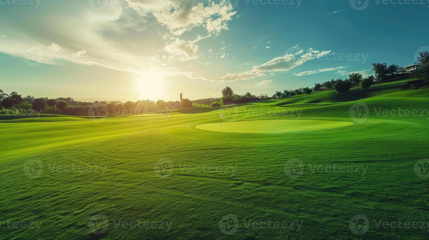 AI generated A scenic view of a golf course, with lush green turf, showcasing natural beauty. Ai Generated. photo