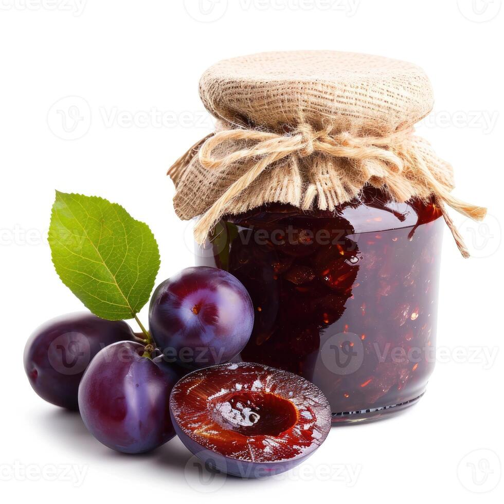 AI generated A jar of homemade marian plum jam with fresh marian plum, isolated on a white background. Ai Generated. photo
