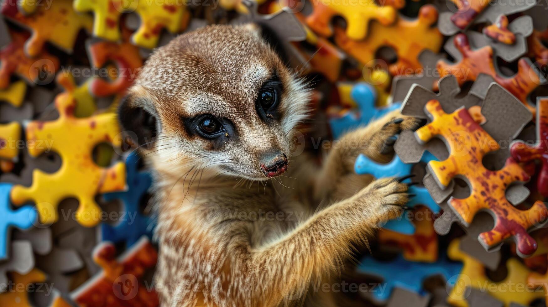 AI generated Cute Meerkat engrossed in a jigsaw puzzle, adding a whimsical touch, Ai Generated. photo