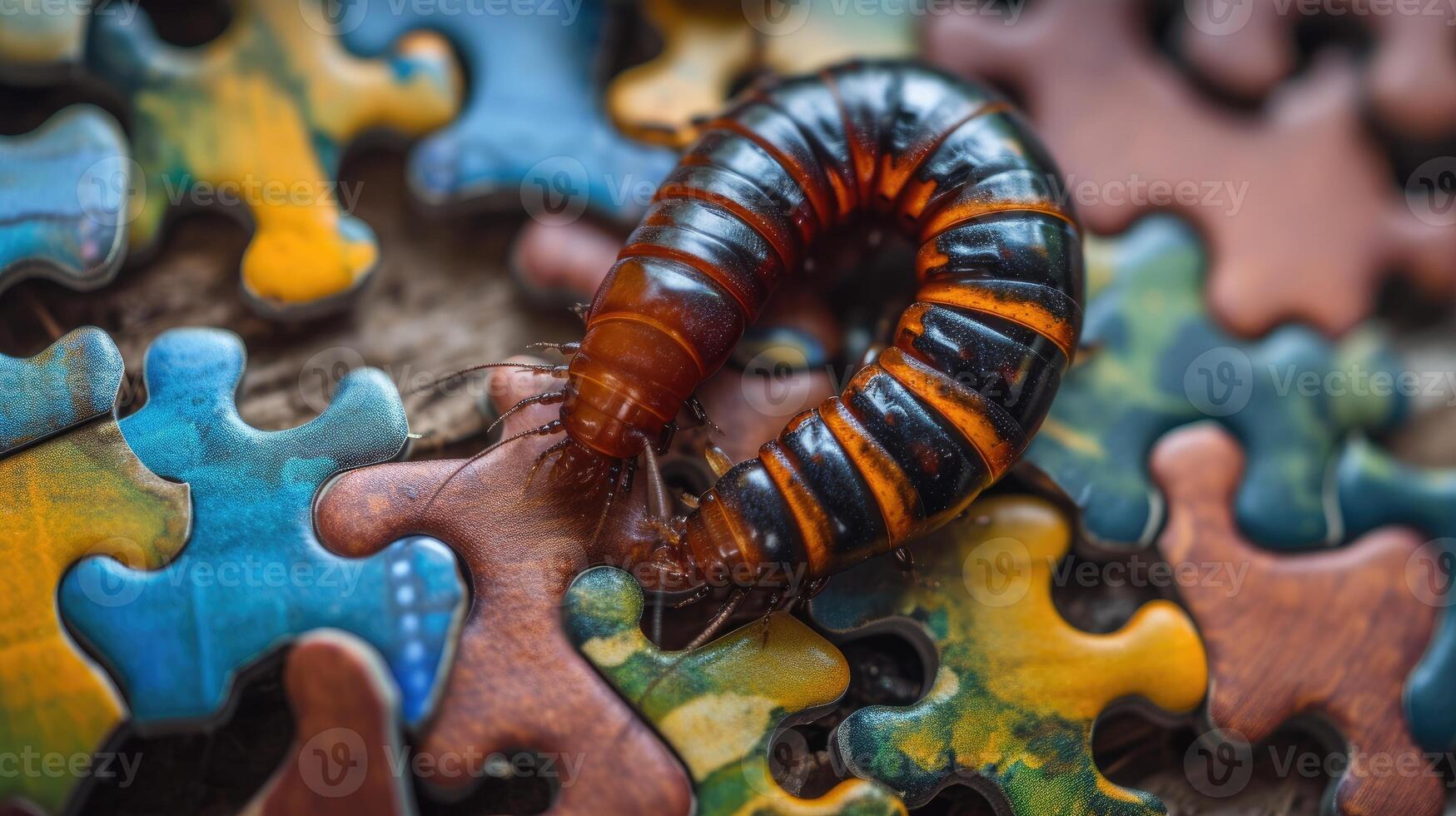 AI generated Cute millipede engrossed in a jigsaw puzzle, adding a whimsical touch, Ai Generated. photo