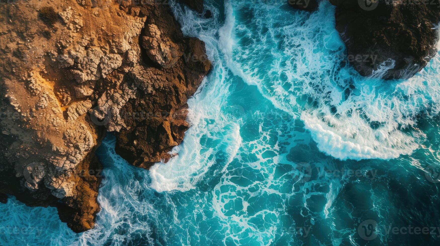 AI generated Spectacular drone view captures an ocean wave crashing on a rocky cliff, with a sunset horizon backdrop. Ai Generated. photo