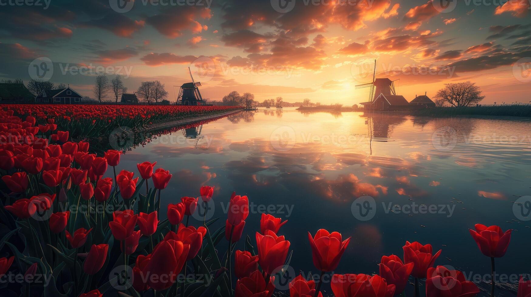 AI generated A breathtaking landscape adorned with vibrant and colorful tulips. Ai Generated. photo