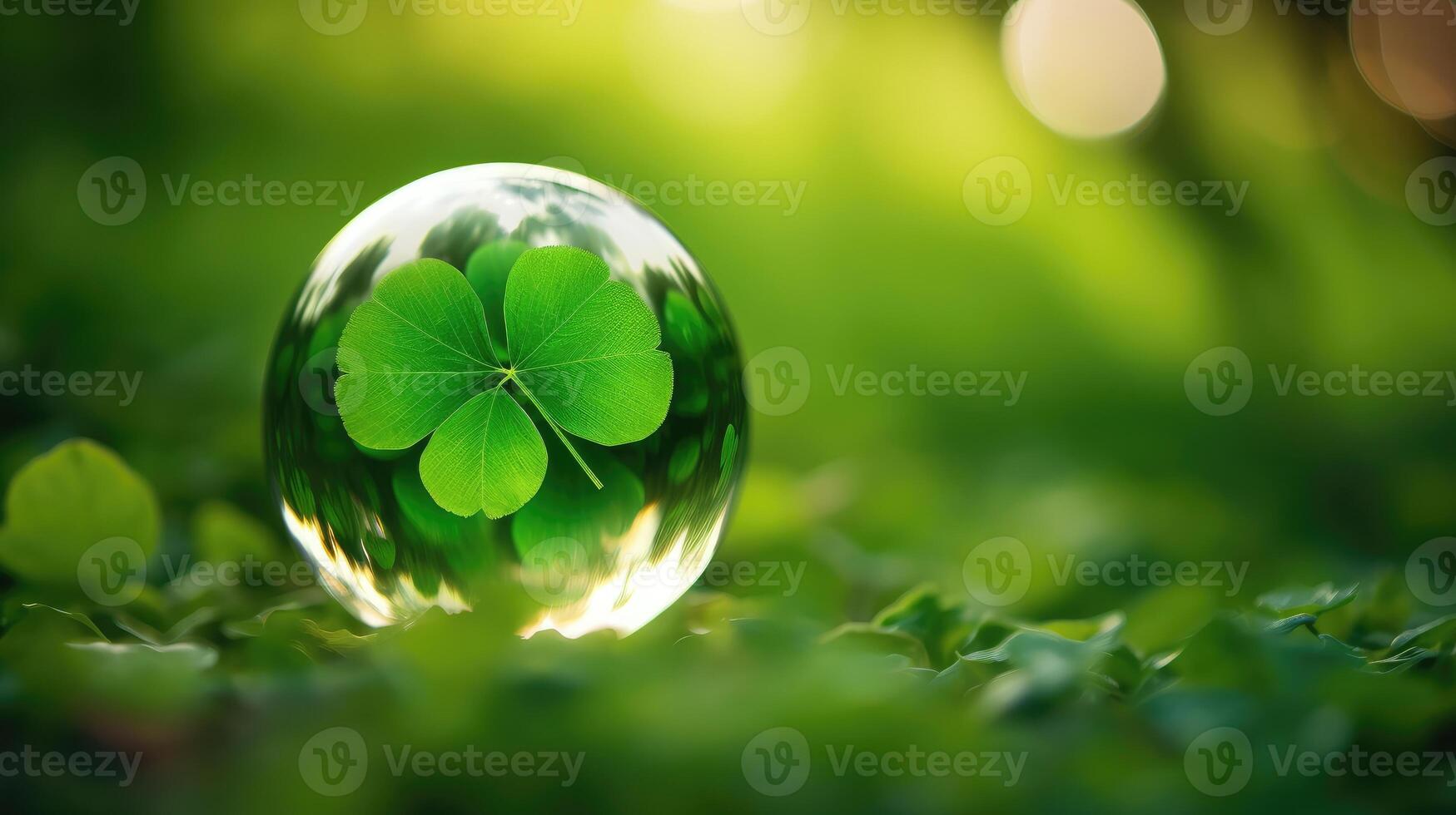AI generated A glass ball holds a clover leaf, set against a green bokeh background, creating a magical and whimsical scene. Ai Generated. photo
