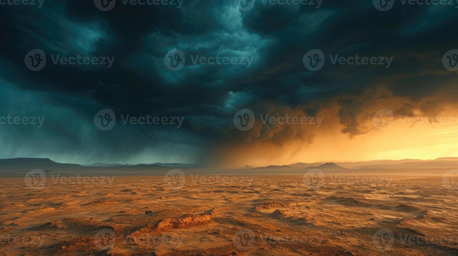 AI generated A stormy sky brews over the desert, creating a dramatic and dynamic landscape backdrop. Ai Generated. photo